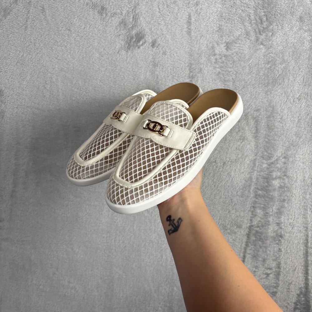 Aldo Shoes Mesh Mule Loafer Size 7 Cream Gold Chain Slip On Flat Preppy Comfort